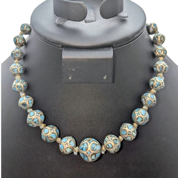 Antique Hand Made Ethnic Turquoise Inlay Non-Magnetic Graduated Bead Necklace - Picture 12 of 12